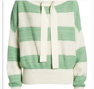 FREE PEOPLE Stripe Off Shoulder Sweater CASSIDY GREEN BEIGE Tie Neck Sz Sm - Picture 1 of 13
