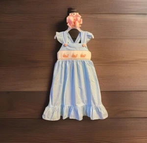 Girls NWT Stitchy Fish Smocked Dress Long Criss Cross Back Stripes Free Bow 5 - Picture 1 of 9