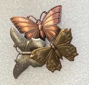 Butterfly Pin Brooch Vintage Tri Color Three Butterflies Brooch Pin - Picture 1 of 2
