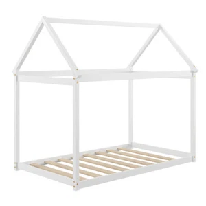 Twin House Bed Frame Stable Kids Platform Floor Bed w/ Roof White - Picture 1 of 11
