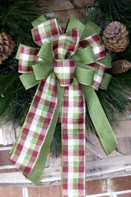 10 " FARMHOUSE PLAID WIRED BOW WREATH SWAG GARLAND MAIL BOX FENCE POST # 53  - Image 1 of 3