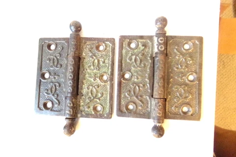 2 Old Door 1890's Hinges 3.5" Cannon Ball Vintage Antique Cast Iron Hardware Cover