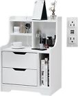 Nightstand with Charging Station Drawer Sofa End Side Table Bedroom Living Room