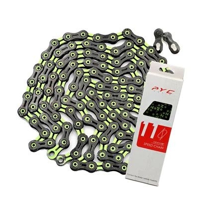 Cadena ultraligera hueca PYC DLC 116L, para carretera/MTB/CX/grava, negra/verde Foto 1 de 4