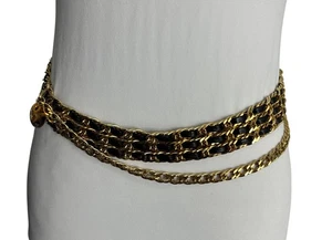 VTG Abbe Creation Black Leather Woven Gold Tone Multi Chain Belt M USA - Picture 1 of 9