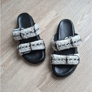 ANINE BING Sid Bouclé Leder Karo/Tweed Riemen Pantoletten Sandalen, Gr. 37 / US 7 - Bild 1 von 8