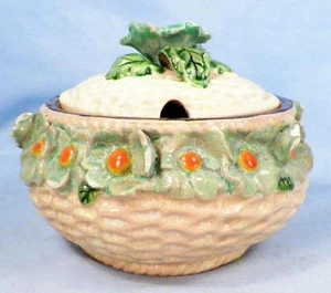Maruta Ware Mustard Mayonnaise Jar Art Pottery Japan 3D Flowers Vintage Serving - Picture 1 of 8