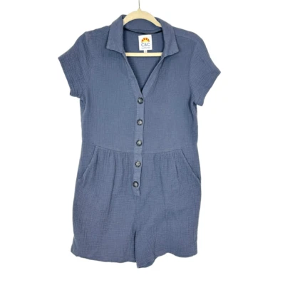 C&C California Romper Medium Blue Gauze Cotton Waffle Button Up Anthropologie - Image 1 of 4