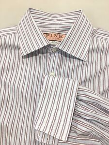 Pink Prestige 15.5 - 34 Blue Red Striped Long-Sleeve Cotton Shirt French Cuffs
