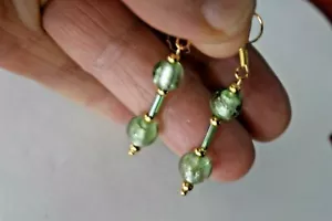 GOLD PLATED GREEN MURANO GLASS EARRINGS 3.5 CM. LONG + HOOKS - Picture 1 of 5