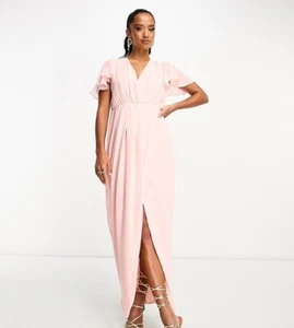 TFNC Petite Chiffon Wrap Front Maxi Dress | Flutter Sleeve In Whisper Pink UK 10 - Picture 1 of 6