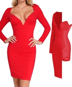 Popilush Long Sleeve Lace Women Corset Deep V Neck Bodycon Mini Dress Size M Red - Picture 1 of 9