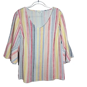 Chloe + Rene Linen Blend Bell Sleeve Top Plus Size 2X Striped Pullover V-Neck - Picture 1 of 8