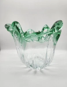 Murano Hand Blown Italian Clear and Green Vase/Bowl 8 1/2 Inches - Picture 1 of 11