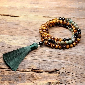 108 Mala Beads African Turquoise Obsidian Tiger's Eye Beaded Tassel Necklace - Picture 1 of 2