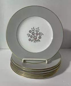7 Pc Set Wedgwood Grey Friar Pink 8’in Salad Plates W3761, light gray rim (NEW - Picture 1 of 2