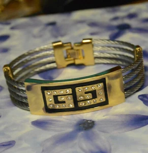 Dolly-Bijoux  Bracelet Câbles Acier GREC Plaqué Or Pavé Diamant Cz - Picture 1 of 2