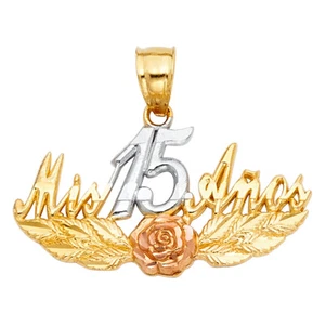 14K Tri Color Gold 15 Years Quinceanera 15 Anos Charm Pendant For Necklace Chain - Picture 1 of 4