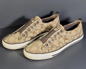 Coach Signature C Sneakers Size 6.5 B Summer Textile Khaki Chestnut Slip On - Picture 1 of 12