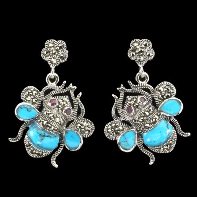 925 Sterling Silver Earrings Turquoise Stabilized Ruby Marcasite Bee Gemstone - Image 1 of 4