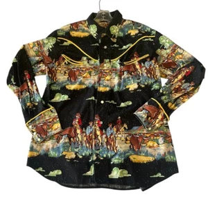 Vintage 50s Rockabilly Western Shirt Cowboy Scene M Pearl Snap Buttons Piping - Picture 1 of 15
