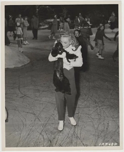 Sonja Henie w/her French Poodle on 1945 8x10 Still Photo with Paper Press Tag - Picture 1 of 2
