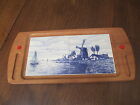 ANTIQUE DELFT HP DOUBLE-TILE "WINDMILL"  WOODEN SERVING-DISPLAY TRAY 8"X17 1/2"
