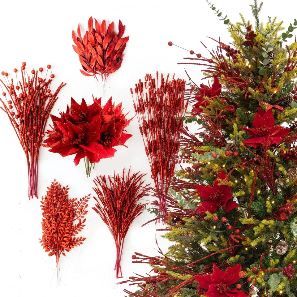 54 Piezas Rojo Brillo Artificial Cedro Ramitas Selecciones Imitación Cedro Ramas Tallos Ch... Foto 1 de 4