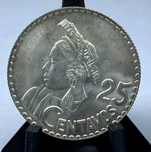 1963 Guatemala 25 Twenty Five Centavos, Native Head and Quetzal KM# 263, UNC - Picture 1 of 4