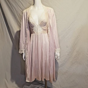 OLGA Large Midi Nightgown Robe Peignoir Set 91087 93007 Pink Satin - Picture 1 of 9
