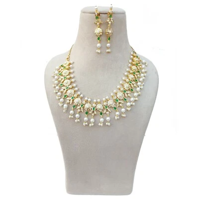 Juego de tachuelas y collar étnico nupcial boda estilo Kundan Polki verde esmeralda perla Foto 1 de 4