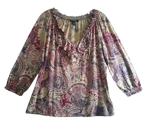 Lauren Ralph Lauren Blouse Womens Large Paisley Purple Pink Long Sleeve Ruffles - Picture 1 of 10