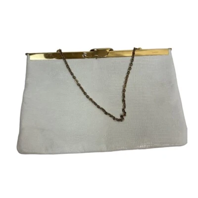 Bolso clutch vintage con marco Etra cadena cuero blanco estampado cocodrilo Foto 1 de 4