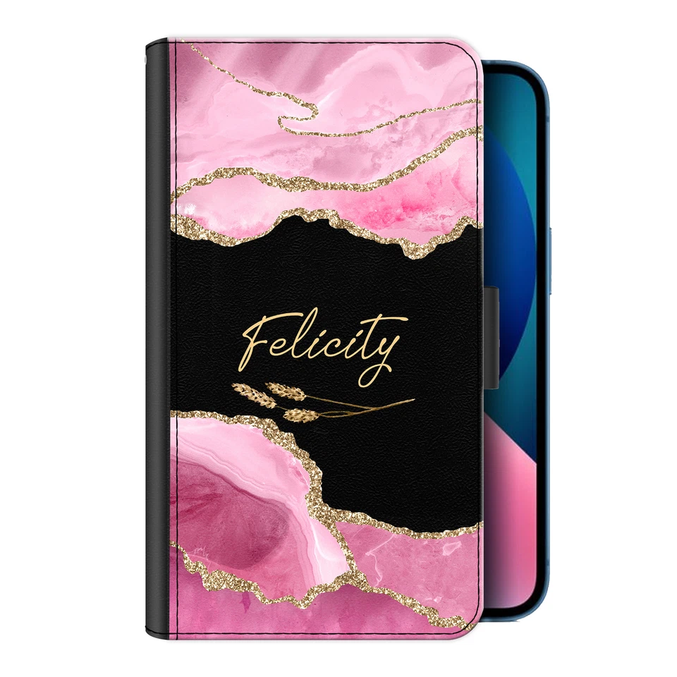 Personalised Phone Case For iPhone 13/12/11/X Black Pink Marble PU Leather Cover - Image 1 of 4