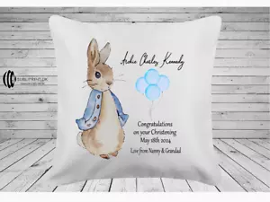 Personalised Christening Gift Keepsake Peter Rabbit Cushion, 1st Birthday Gift - Picture 1 of 3