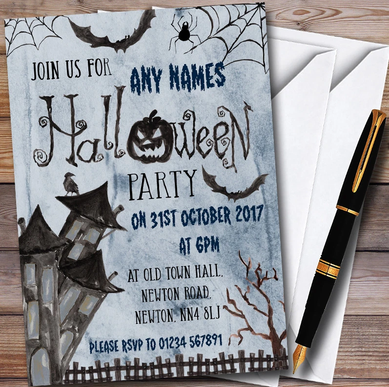 Vintage Haunted House Blue Personalised Halloween Party Invitations - Image 1 of 1