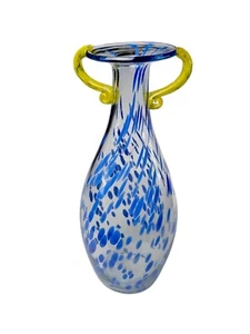 Hand Blown Artisan Blue & Clear Glass Vase~Yellow Applied Handle ~Murano?~11" - Picture 1 of 6