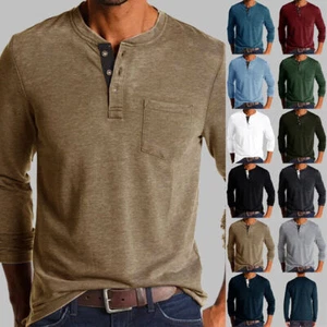 Mens Long Sleeve Henley T-Shirt Solid Button V Neck Casual Grandad Shirts Tops - Picture 1 of 24