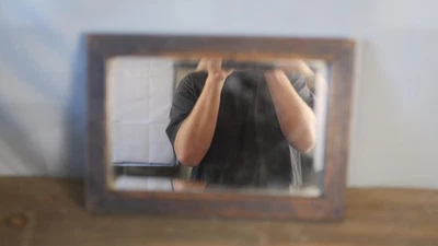 Vintage Wood Framed Beveled Wall Mirror Rustic Mitered Corners Small Hanging - Image 1 of 4