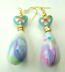 Vintage German Multicolor Teardrop Dangle/Drop Heart Cloisonne Earrings Handmade - Picture 1 of 1