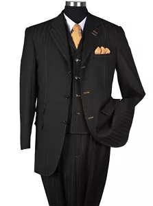 Men's 3 Piece Wool Feel Classic Striped Suit w/ Vest 5267 Black Size 38 - 56 - Picture 1 of 9