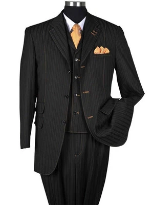 Men's 3 Piece Wool Feel Classic Striped Suit w/ Vest 5267 Black Size 38 - 56 - Image 1 of 4