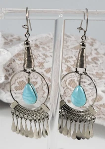 Vintage Earrings Silver Tone Blue Stone Dangle Wire Drop Pierced GORGEOUS - Picture 1 of 5