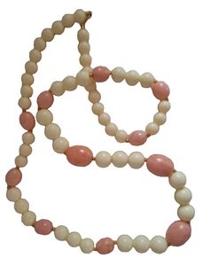 Vntg Dauplaise  Beaded Necklace Graduated Beads Spacers 36"  Pink White Mother - Picture 1 of 10