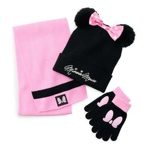 Disney Minnie Mouse Beanie Hat Girl Toboggan Gloves Scarf Mitten Set Pom Ear Bow - Picture 1 of 1