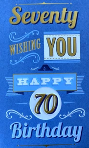"Seventy Wishing You a Happy 70 Birthday" Gold & Blue Embossed Card by Simson - Picture 1 of 5