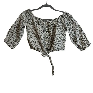 Mooloola Top Siz 8 Brown Floral Cropped 3/4 Sleeve Boat Neck Button Up Tie Waist - Picture 1 of 16