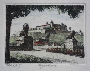 Etching Hand Coloured Wurzburg Residenz Würzburger Residence Signed Print - Picture 1 of 4