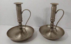 Pier 1 older metal candlesticks w/ handles possibly pewter or brushed nickel - Picture 1 of 7