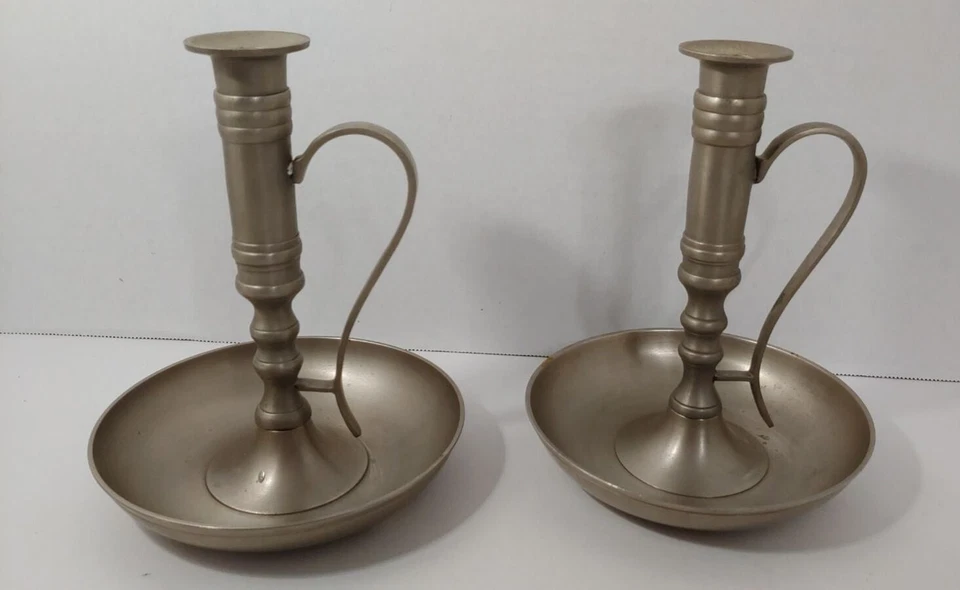 Pier 1 older metal candlesticks w/ handles possibly pewter or brushed nickel - Image 1 of 4